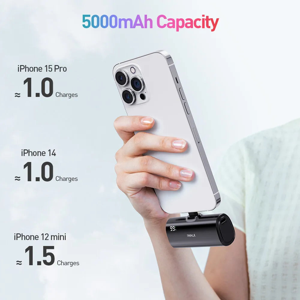 IWALK5000mAh portable capsule power bank with fast charging and interchangeable connector suitable for iPhone Lightning