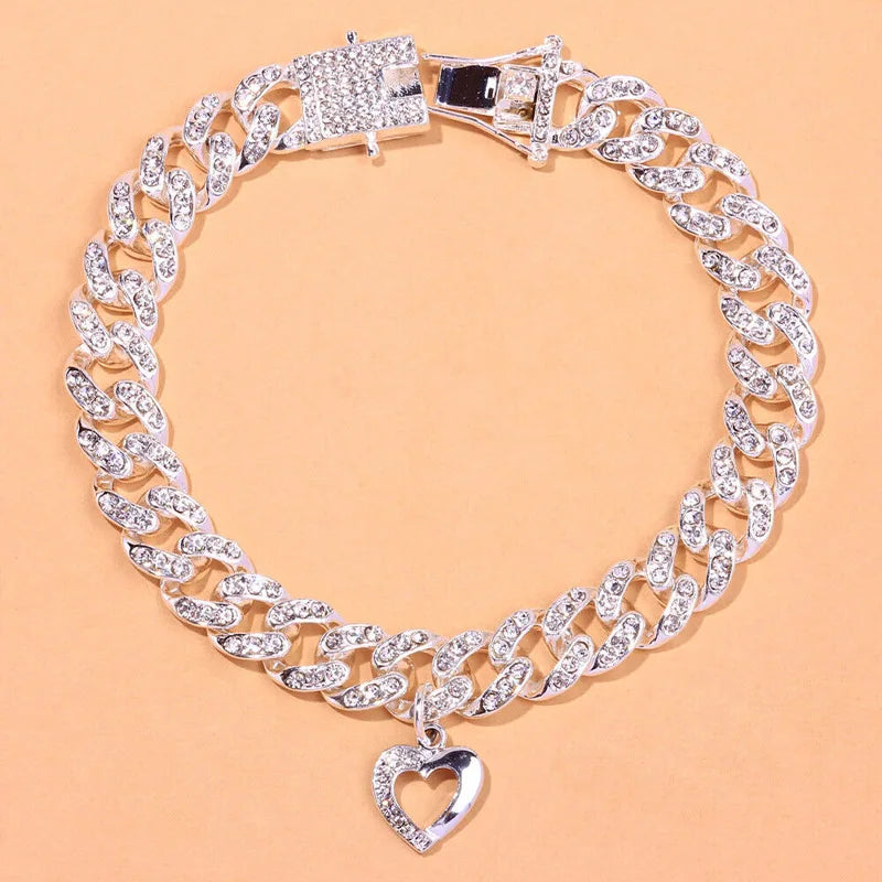 Heart Shape Thin Anklet for Women Rhinestone Link Iced Chain Pendant Jewelry