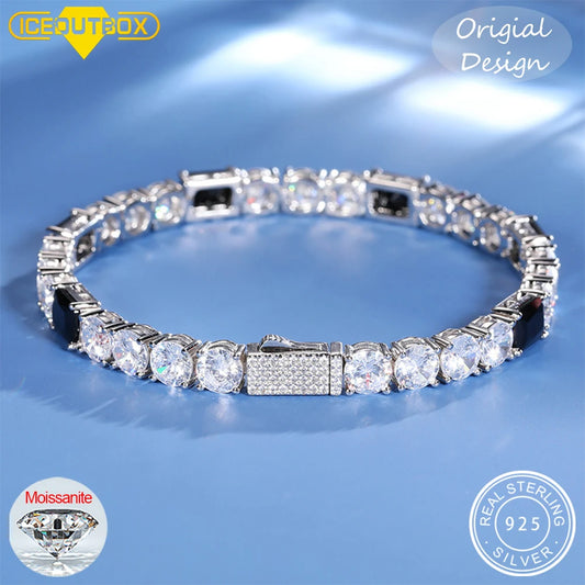 ICEOUTBOX Original Design Real D VVS Moissanite Tennis Bracelet For Women S925 Silver Black Baguette Men Hip Hop Jewelry Unisex