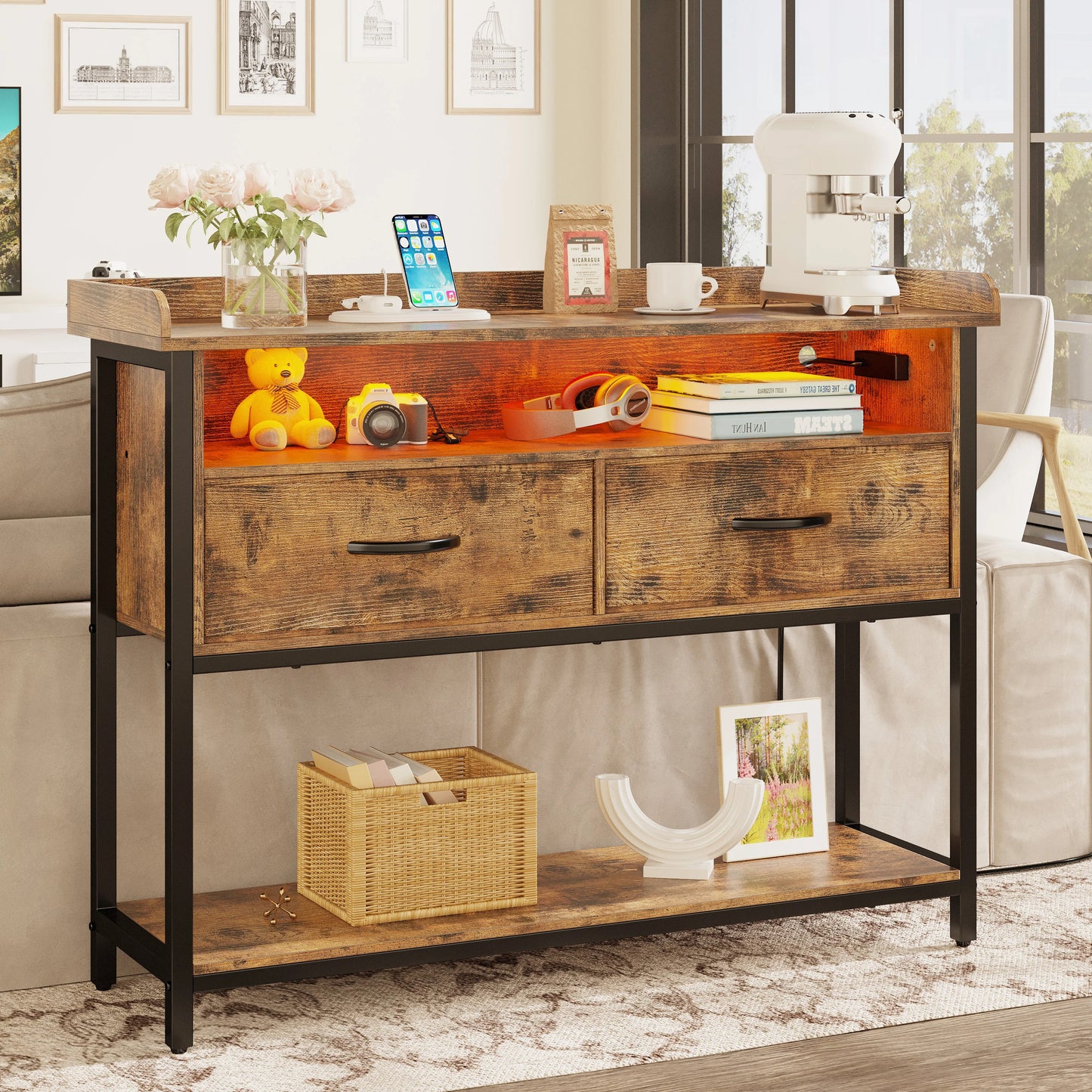 Entryway Table with Power Outlet and LED Light, Console  with 2 Fabric Drawers and Storage Shelves