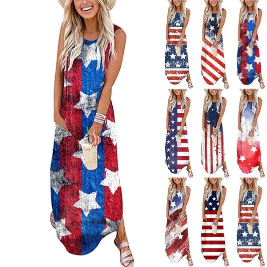 Summer Women's Dresses American Flag Print  Ladies Independence Day Casual Dress O Neck Tank