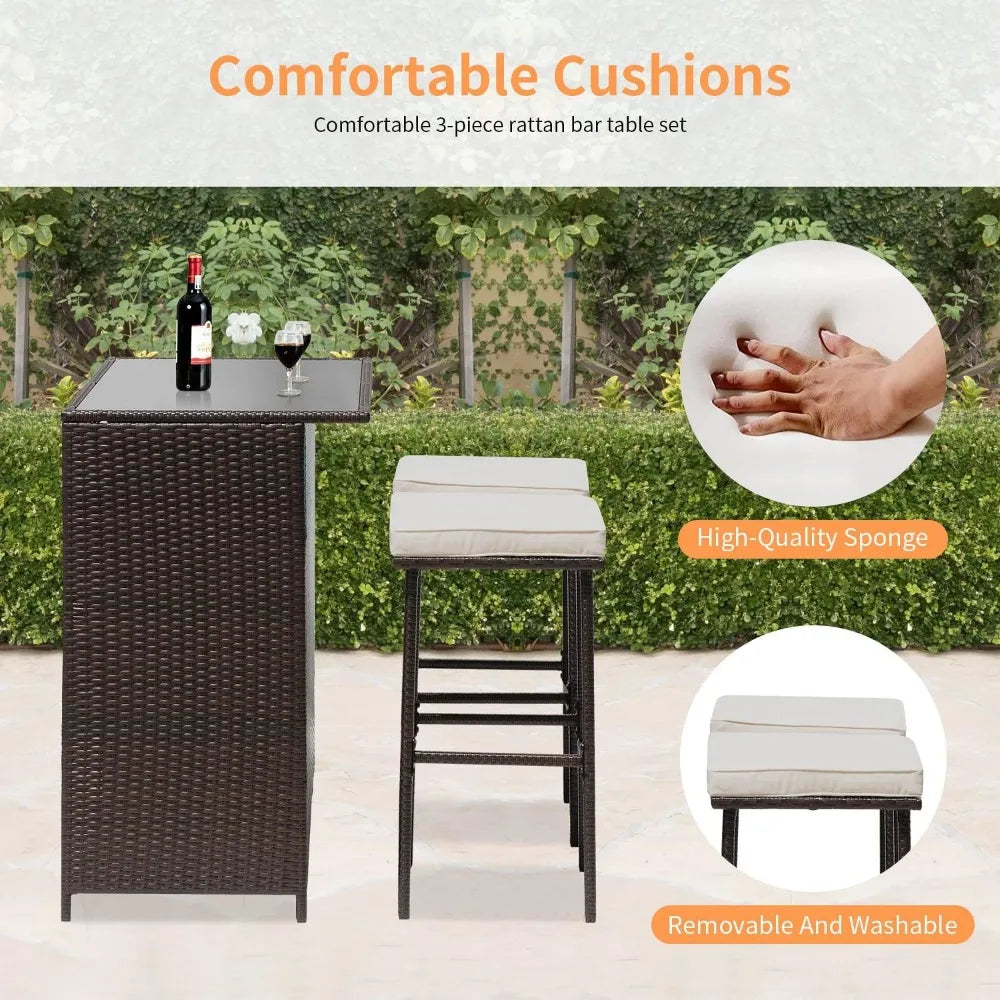 3PCS Patio Bar Set Outdoor Furniture Wicker Bistro Set With Two Stools