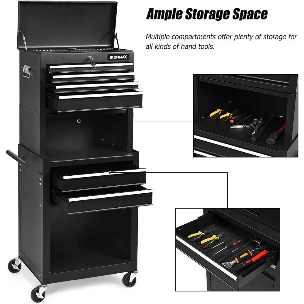 Large-scale Rolling Tool Chest - Removable Top Box Large Bottom Cabinet with Casters and Lock System  6-Drawer