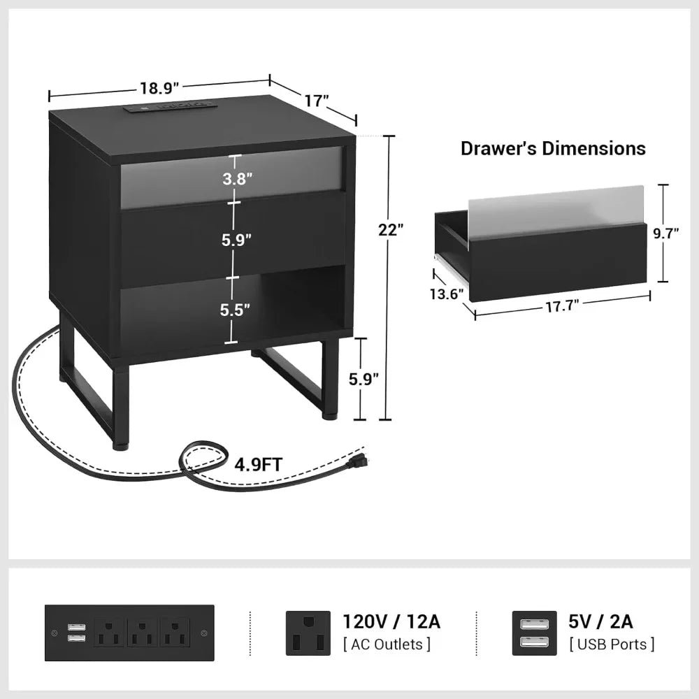 Night Stand Set of 2 With Charging Station Furniture Black With LED Lights