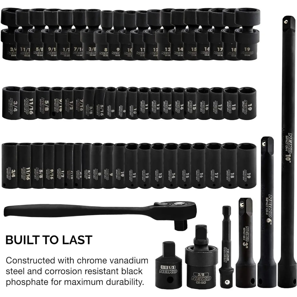 Impact Socket Set, 3/8” Drive, 67 Piece, Metric and Standard Master Set with Shallow & Deep Sockets,