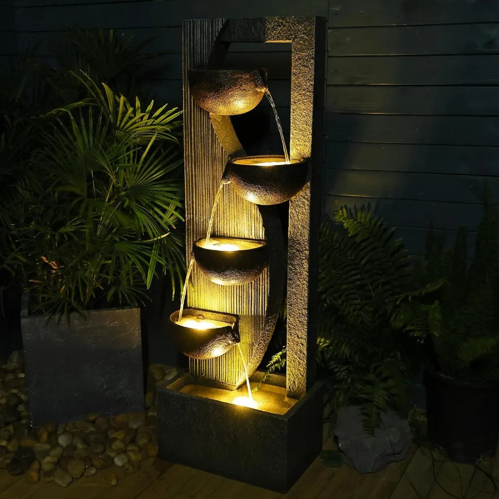 Outdoor Cascading Bowl Waterfall Floor Standing Fountain for Garden,49.2 Inches Tall with LED Lights, Pump, Natural Stones