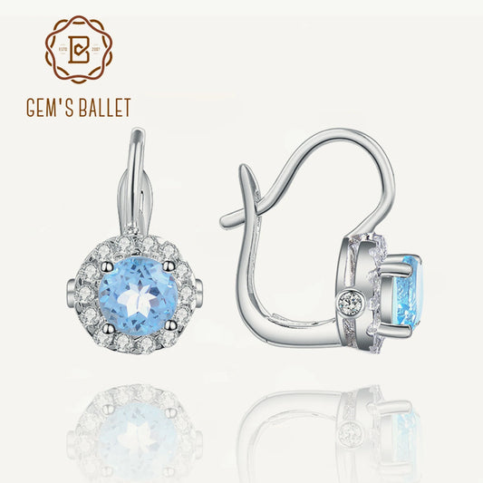 925 Sterling Silver 6mm Round Natural Sky Blue Topaz Halo Earrings For Women Fine Jewelry