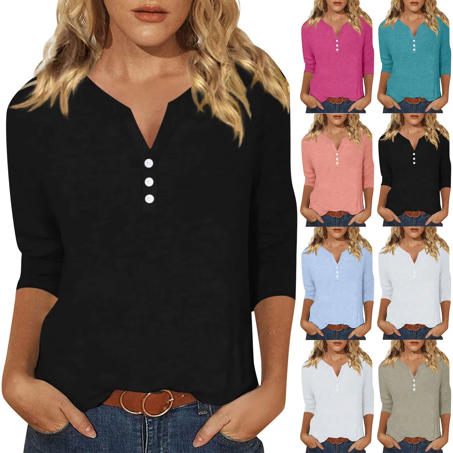 Women's Tops Fashion Casual Elegant Solid Loose Color V-Neck Blouse Daily With Button 3/4 Sleeve