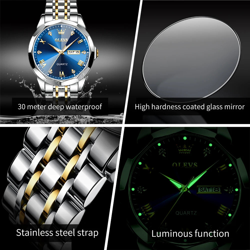 Men's Watches Rhombus Mirror Original Quartz Watch Waterproof Luminous Stainless Steel