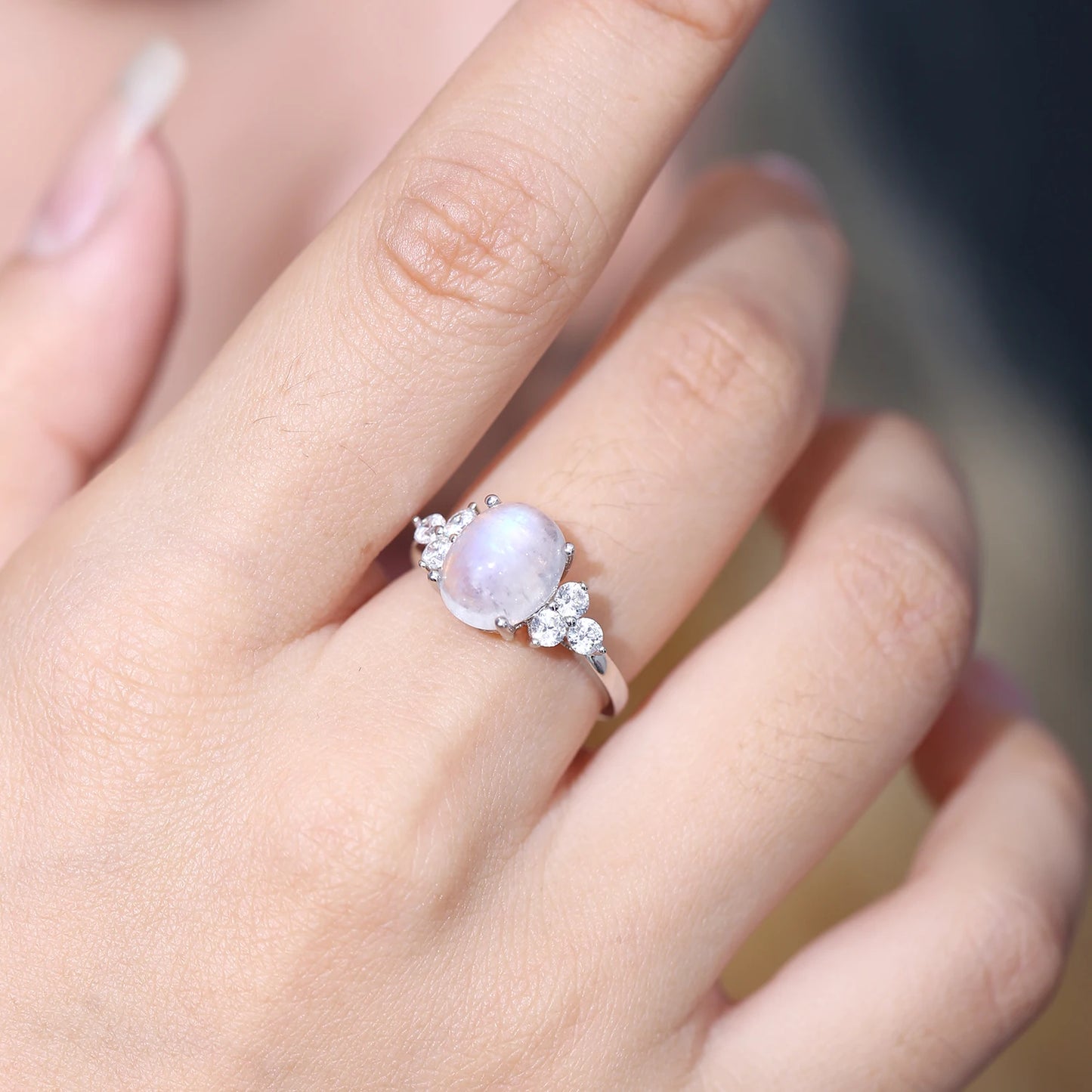 Vintage Milky Blue Moonstone Art Deco Mil grain Ring  in 925 Sterling Silver Unique Gemstone Women's