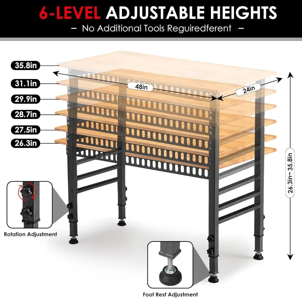 48 "Adjustable Workbench with Power Outlet, Heavy Duty 2000 LBS Load Capacity Hardwood