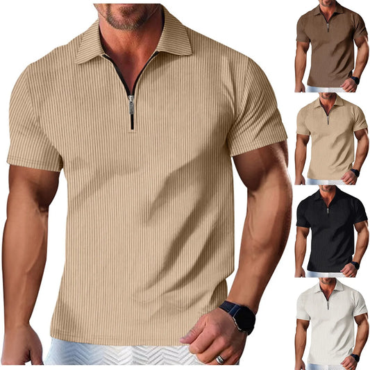 Men'S Fashion Polo Shirts 2024 Summer Stripe Zipper Mens Polo Shirt Solid T-Shirt Brand Short-Sleeved Shirt Casual Slim Tops