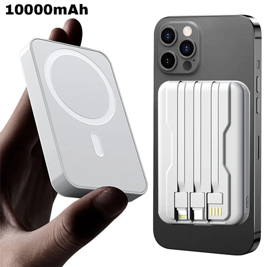 Magnetic Power Bank Portable Charger 10000mAh 15W Wireless Fast Charger Apple Android Universal Built-in Cable Mobile Power