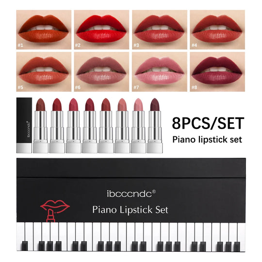 8Pcs/Set Velvet Matte Lipstick  Long Lasting Waterproof Creative Piano Box Design Nude Red Batom