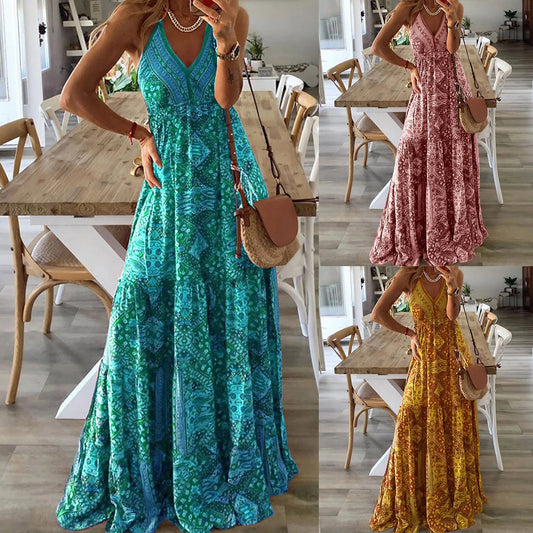 Summer Boho Printed Long Dress Women Spaghetti Strap V Neck Ruffled Sundress  Sleeveless