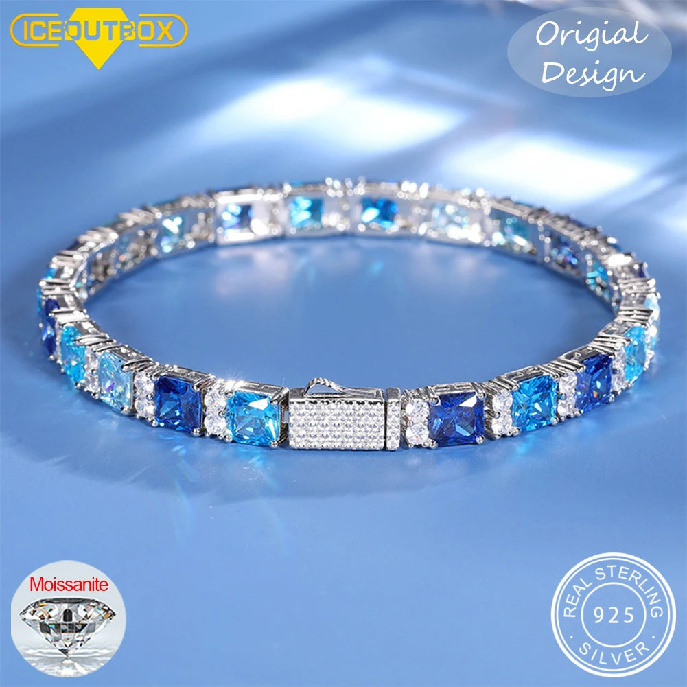 Gradient Blue Square Baguette Tennis Bracelet For Women S925 Silver Jewelry