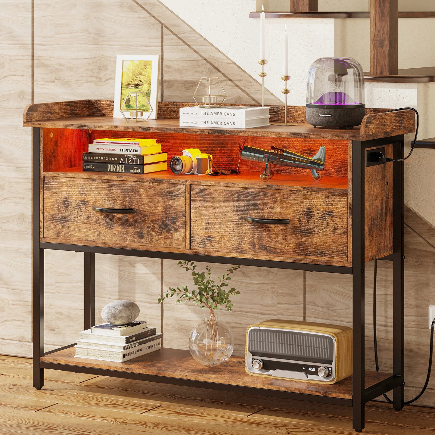 Entryway Table with Power Outlet and LED Light, Console  with 2 Fabric Drawers and Storage Shelves