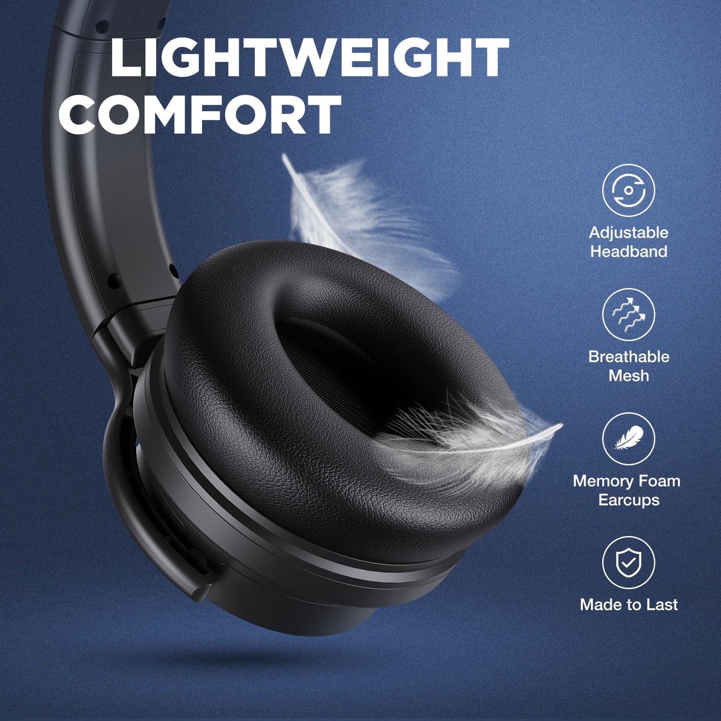 Active Noise Cancelling, Wireless Over Ear Bluetooth Headphones, 20H Playtime, Rich Deep Bass, Comfortable Ear Cups