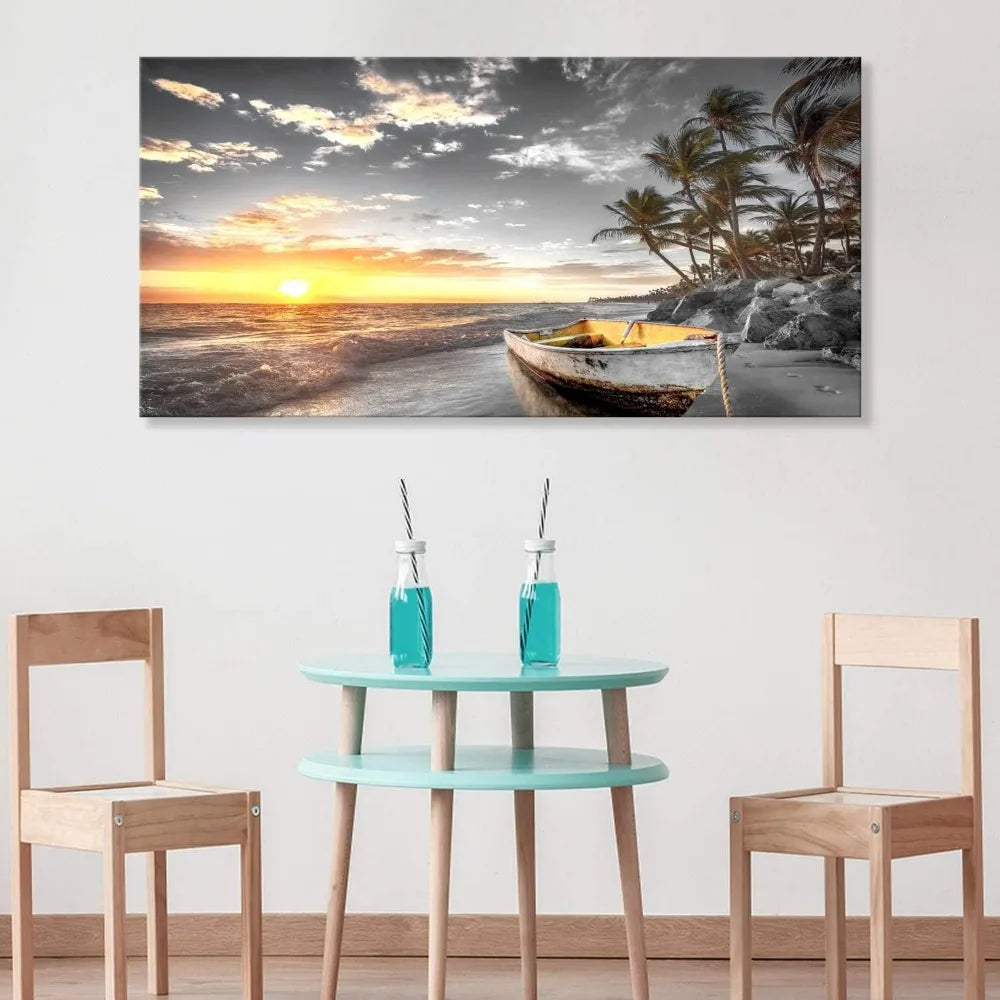 Beach Wall Art Canvas Prints Art Black and White Sunset Seascape