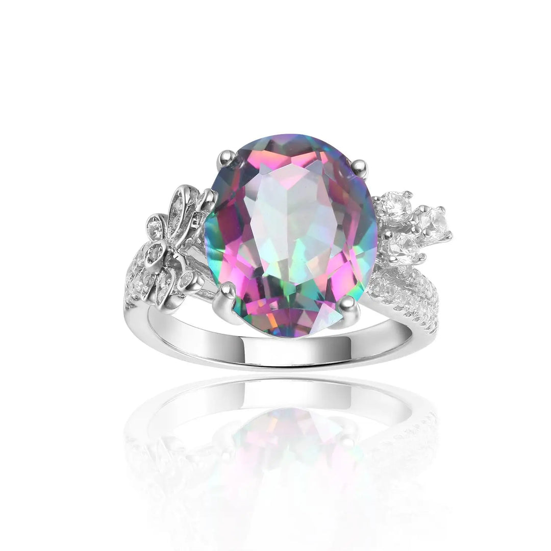 4.36Ct 10x12mm Oval Rainbow Mystic Topaz Gemstone Rings in Sterling Silver Gift For Her