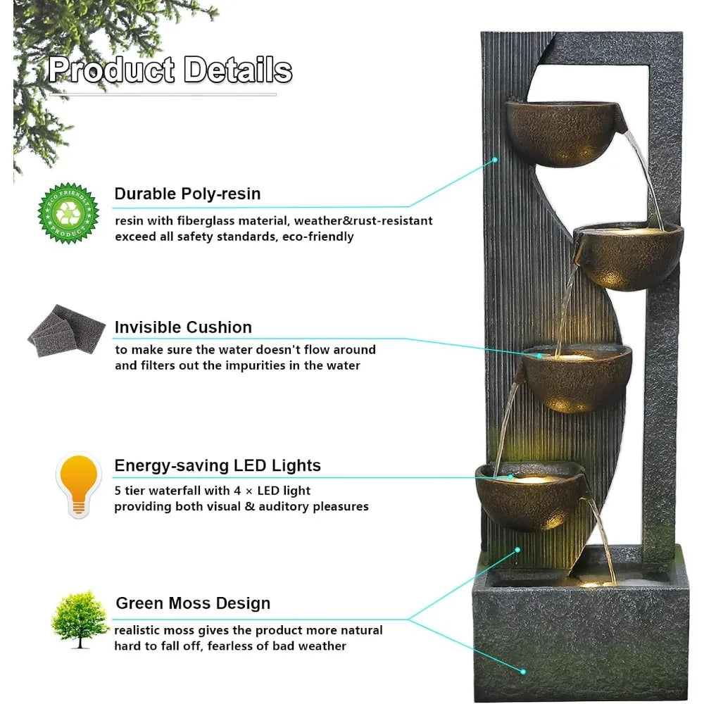 Outdoor Cascading Bowl Waterfall Floor Standing Fountain for Garden,49.2 Inches Tall with LED Lights, Pump, Natural Stones