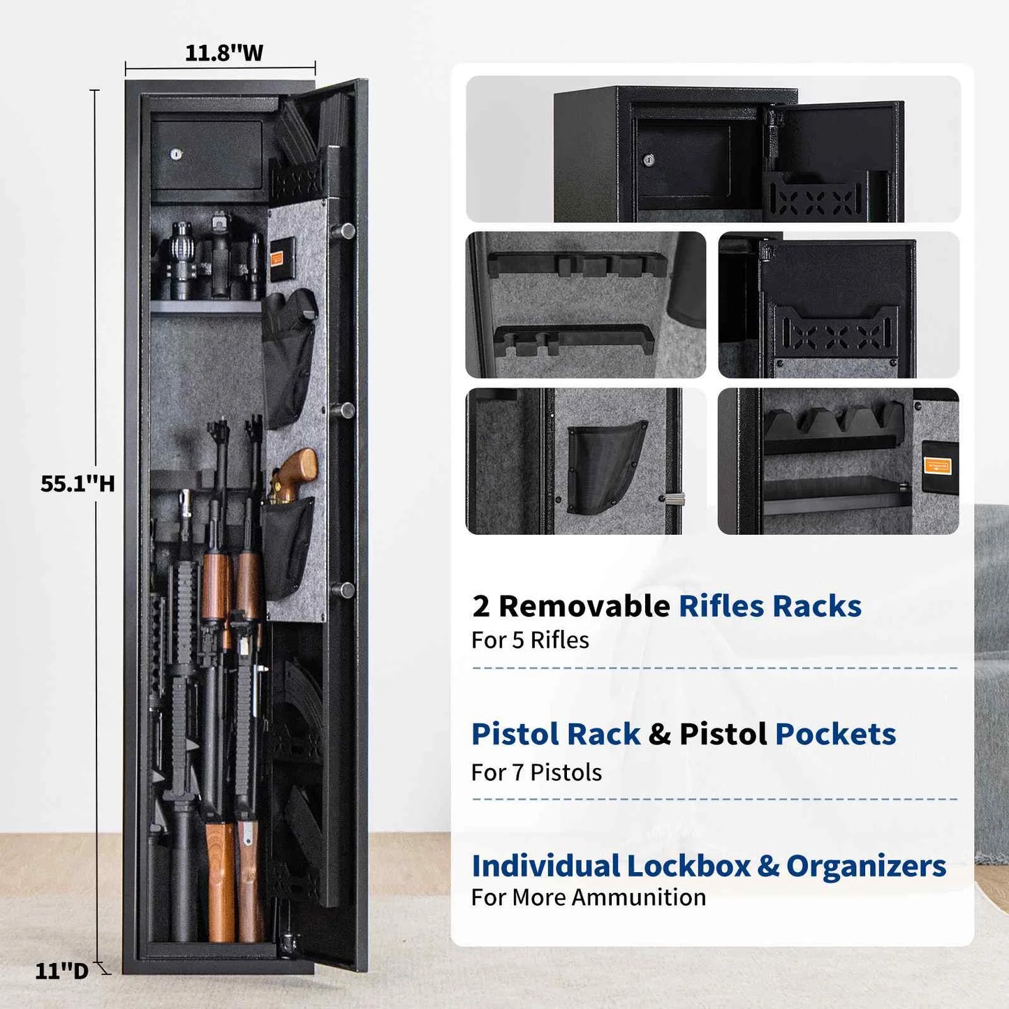 Black Smith 5 Rifles Gun Safe W/ Fingerprint & Digital Keypad Lock Removable Gun Storage  W/ Built-in Storage