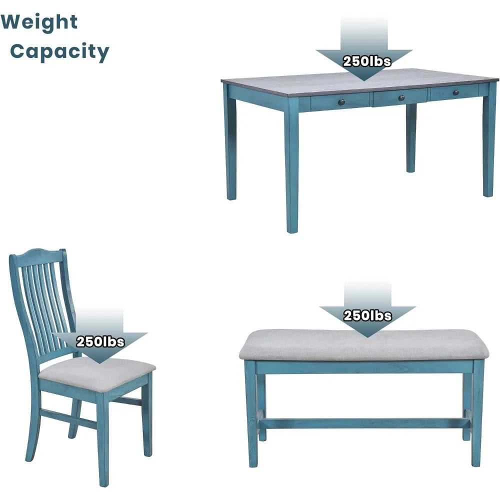 Wood Dining Table Set, 6-Piece,Upholstered Chairs and Bench, Kitchen Table and Chairs, Antique Blue