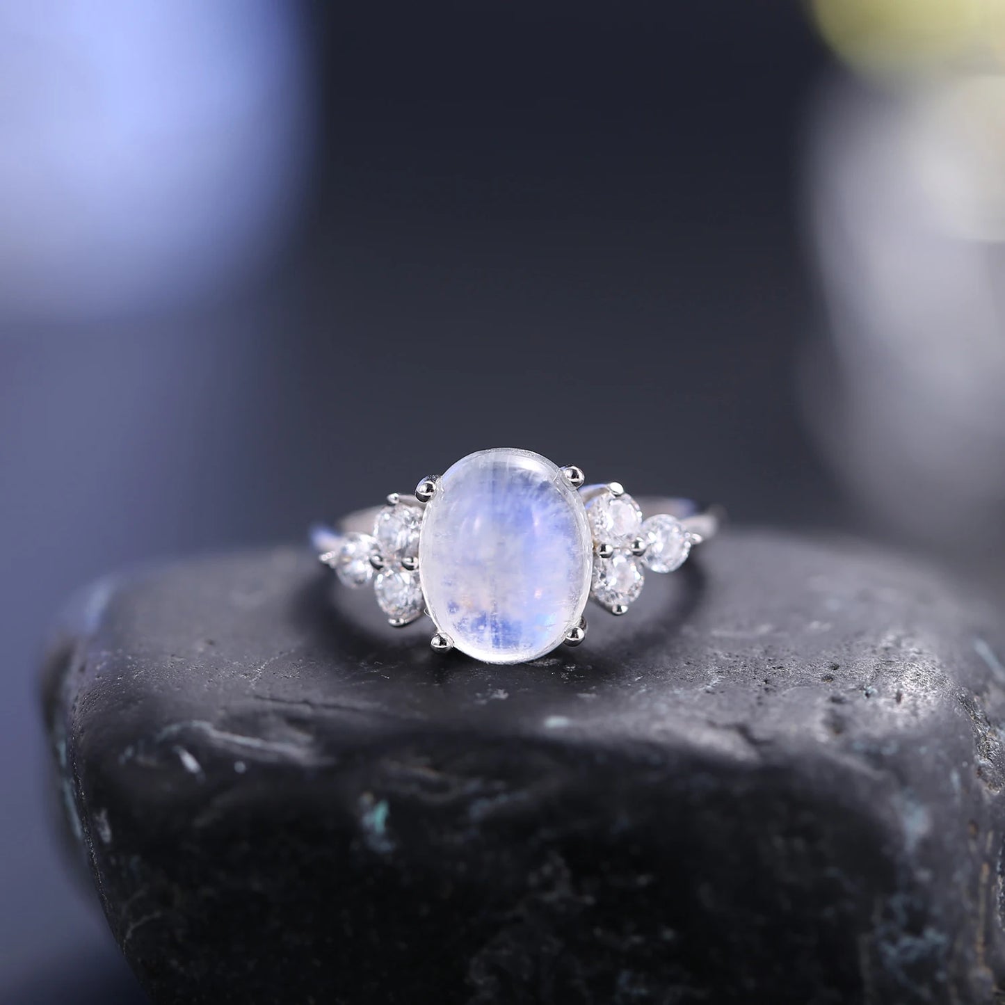 Vintage Milky Blue Moonstone Art Deco Mil grain Ring  in 925 Sterling Silver Unique Gemstone Women's