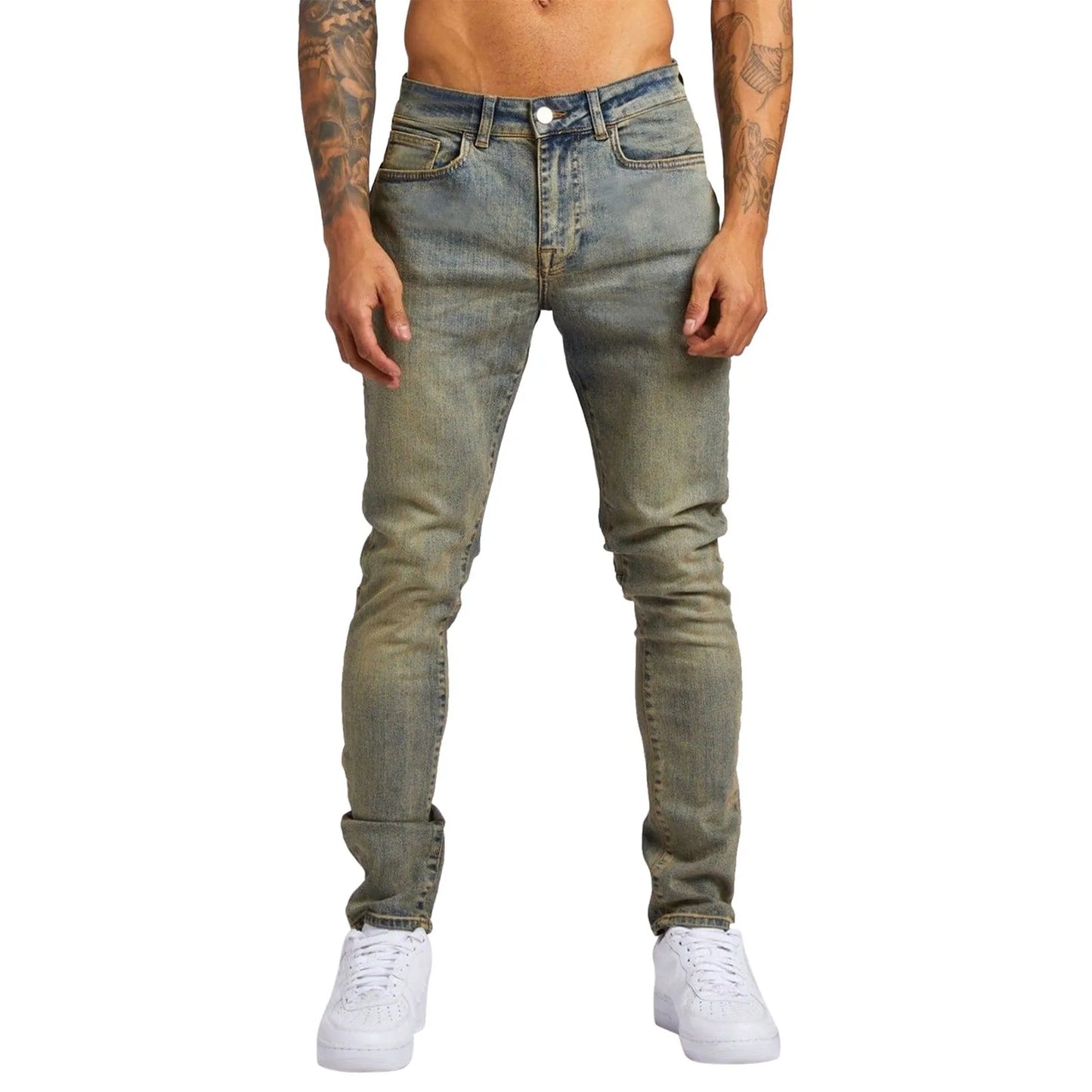 Fashion Men Jeans High Quality Retro Blue Elastic Ripped Jeans Slim Fit Denim Hombre