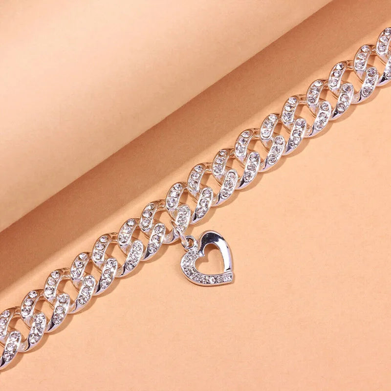 Heart Shape Thin Anklet for Women Rhinestone Link Iced Chain Pendant Jewelry