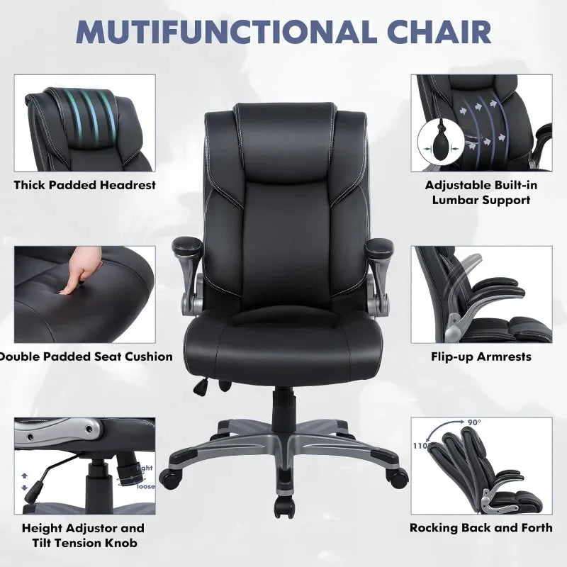 High Back Executive Ergonomic Home Computer Desk Leather Chair with Padded Flip-up Arms, Adjustable Tilt Lock