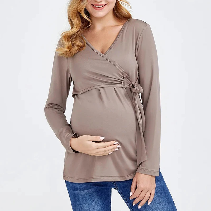 Maternity Blouses Long Sleeve V-neck Breastfeeding  Tops Pregnancy Clothing Nursing Casual