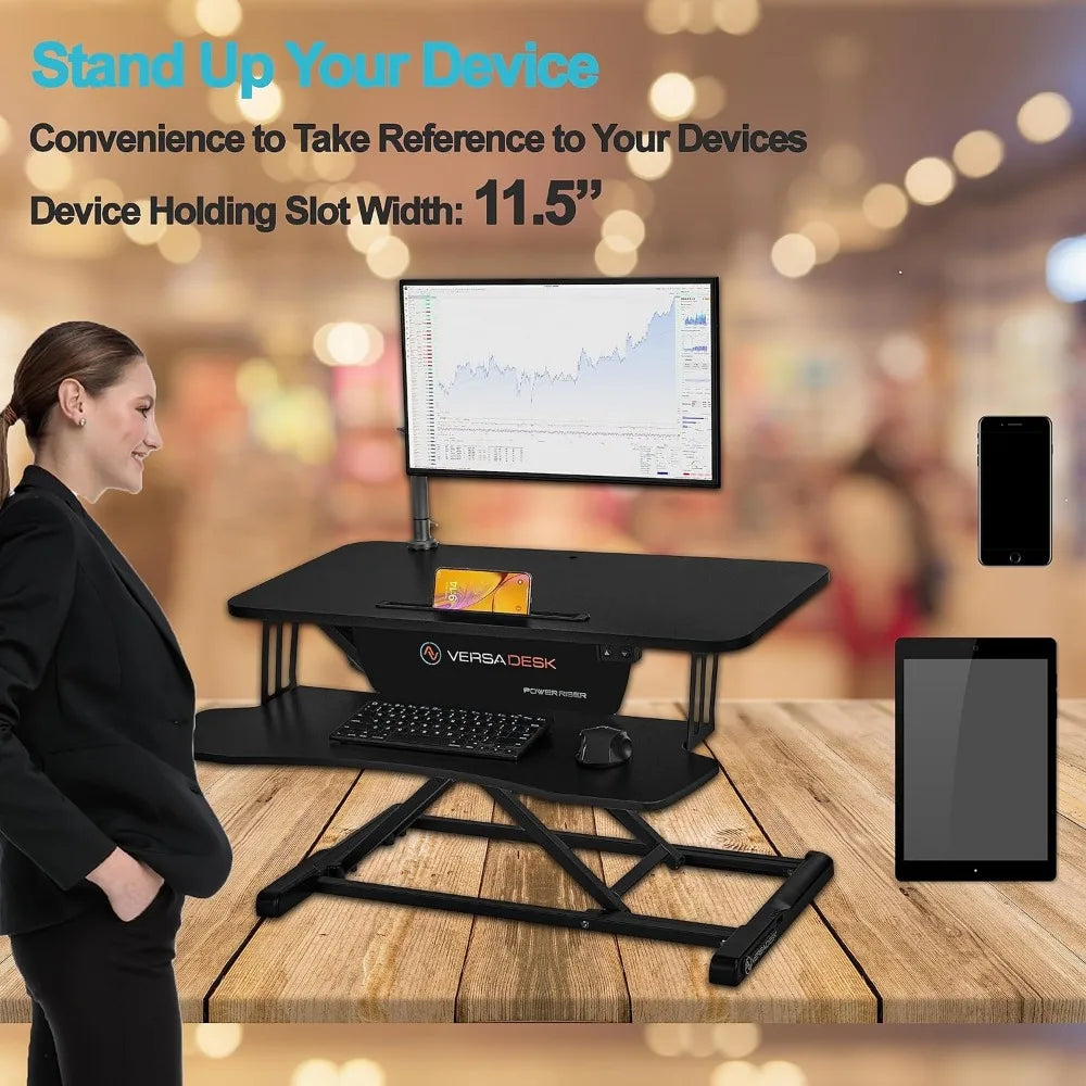 PowerRiser 32 Inch Electric Standing Desk Converter for Dual Monitor, Laptop Workstation with Wide Keyboard Tray