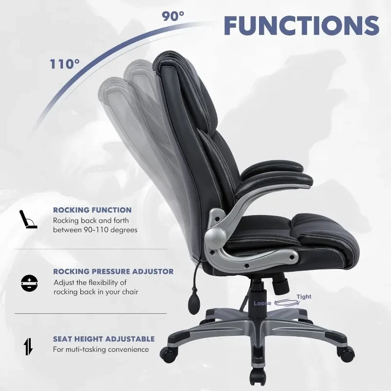 High Back Executive Ergonomic Home Computer Desk Leather Chair with Padded Flip-up Arms, Adjustable Tilt Lock