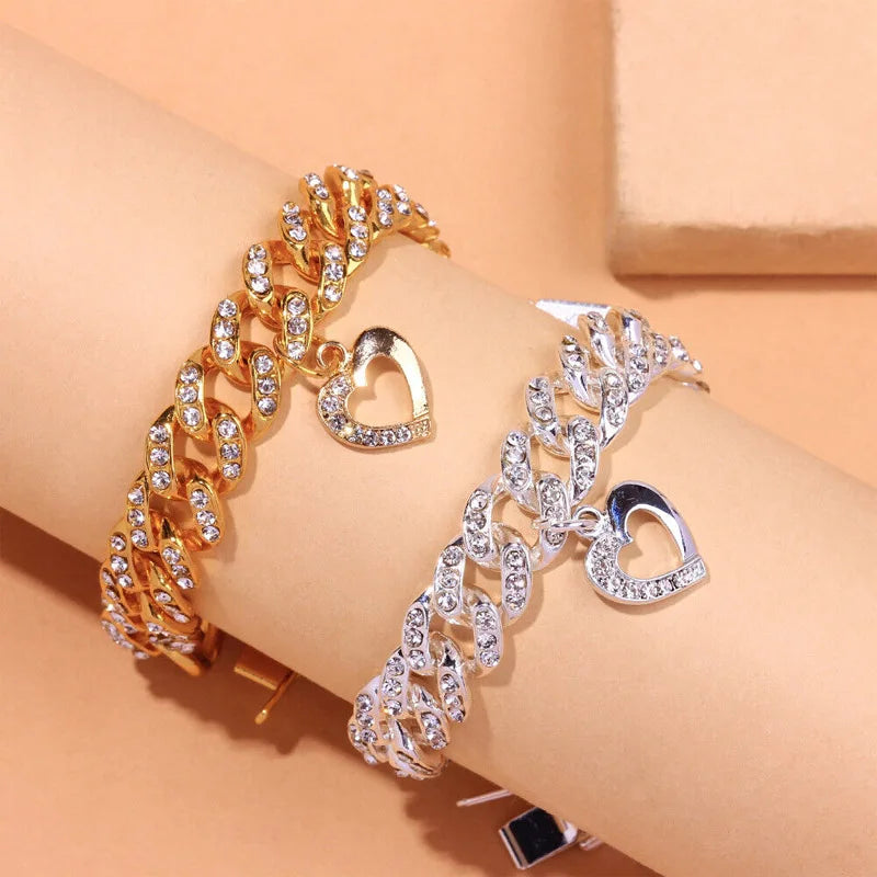 Heart Shape Thin Anklet for Women Rhinestone Link Iced Chain Pendant Jewelry