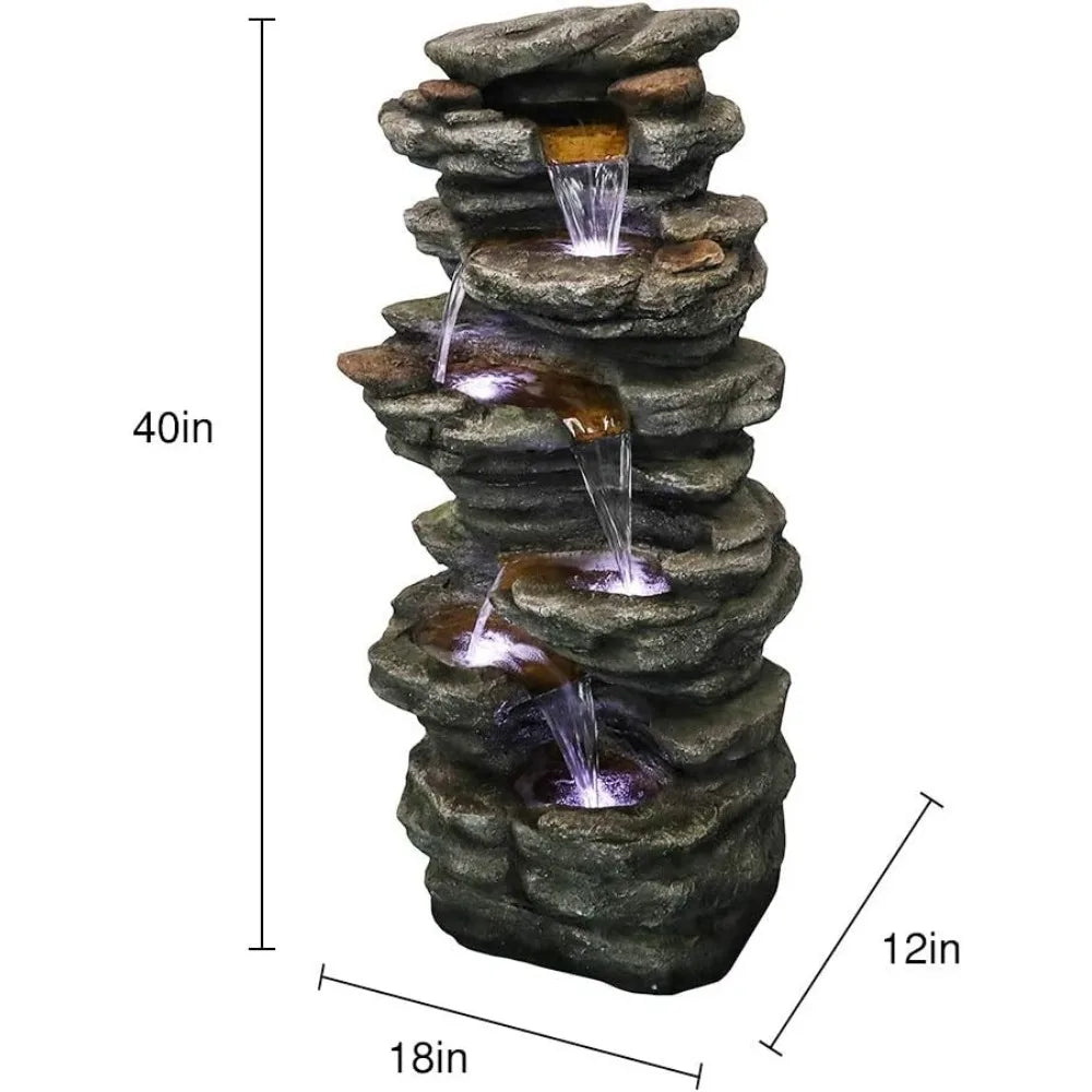 LED Water Fountain, 6-Tiers Rocks Outdoor Fountain - 40” High Cascading Waterfall, Outdoor Fountain, фонтан