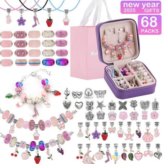 68Pcs Beading Kit with a Violet Jewelry Box- Pink Charms Bracelet Making Kit, DIY Beaded Necklace Making