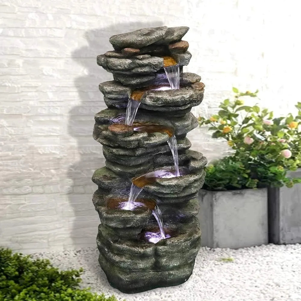 LED Water Fountain, 6-Tiers Rocks Outdoor Fountain - 40” High Cascading Waterfall, Outdoor Fountain, фонтан