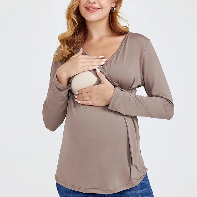 Maternity Blouses Long Sleeve V-neck Breastfeeding  Tops Pregnancy Clothing Nursing Casual