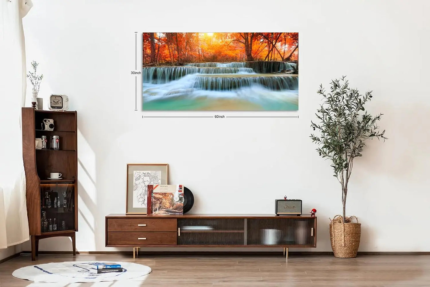 Wall Art Canvas Painting Red Forest Waterfalls 1 Piece Modern Landscape  Print Framed and Stretched Ready