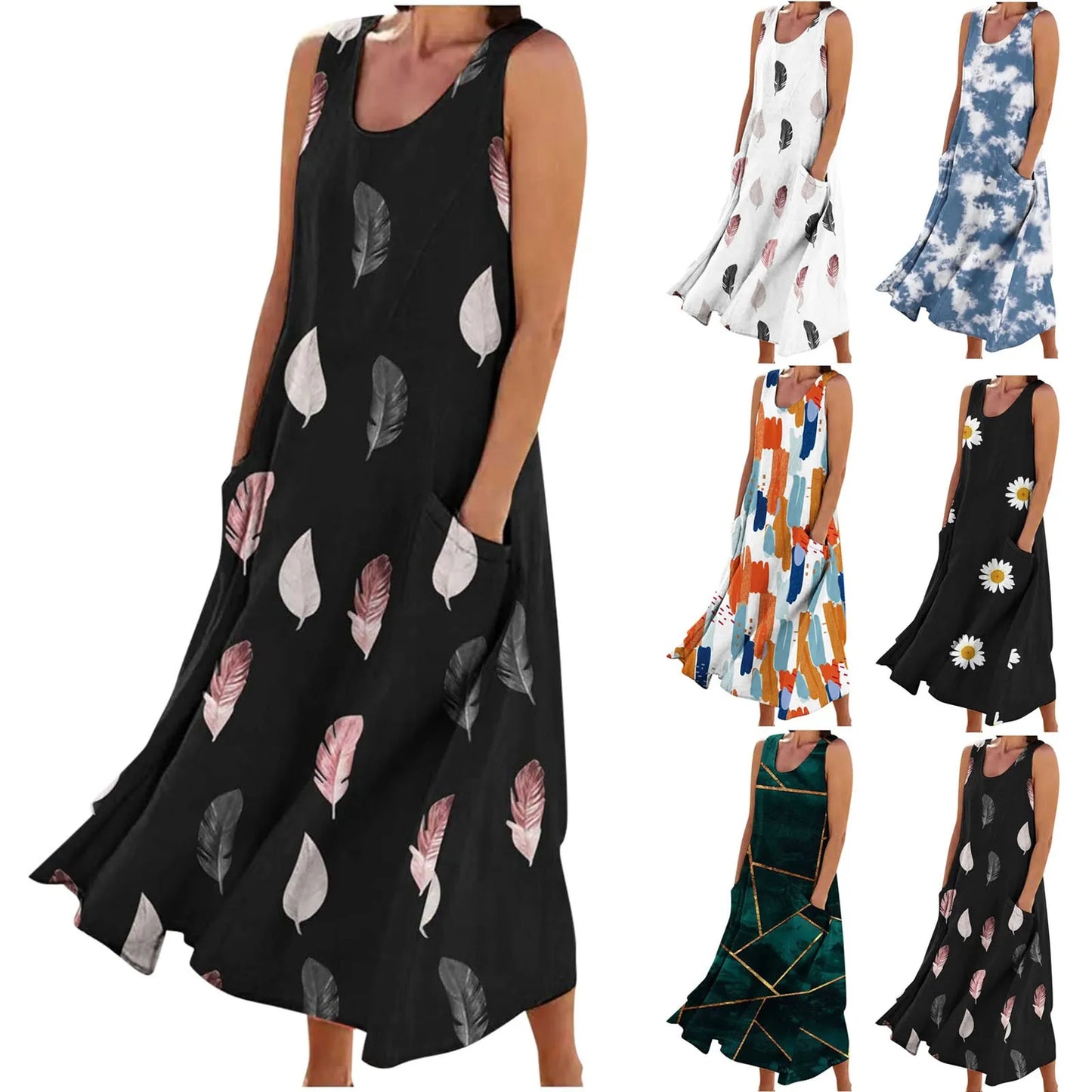 Women Casual Retro Printed Tank Dress Loose Round Neck Sleeveless Pocket