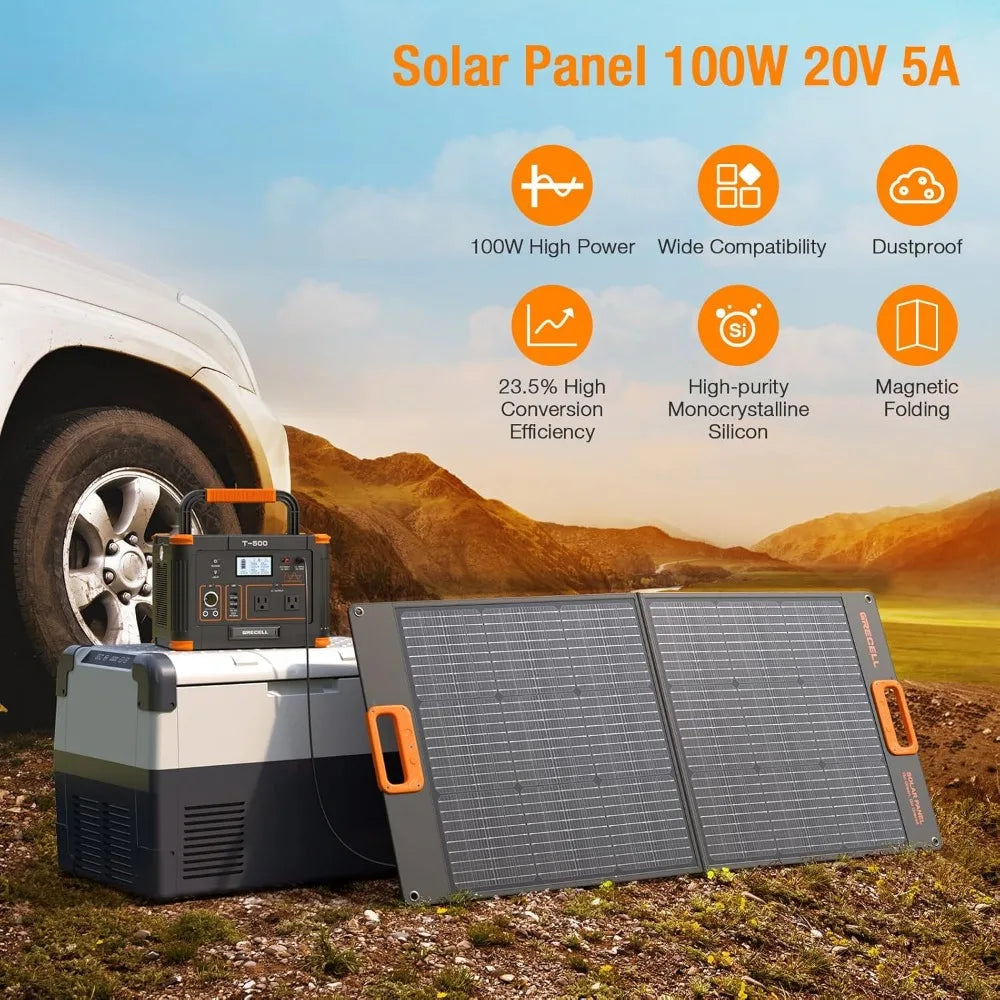 519Wh Outdoor Solar Generator with 100W Portable Solar Panel 20V, Portable Power Station 500W(Peak 1000W)