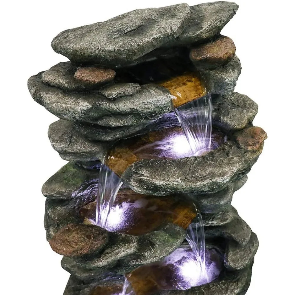 LED Water Fountain, 6-Tiers Rocks Outdoor Fountain - 40” High Cascading Waterfall, Outdoor Fountain, фонтан