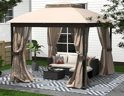 10X10FT Soft top Metal Gazebo with Mosquito Net& Sunshade Curtains ,Sturdy Heavy Duty Double Roof Canopy ,Galvanized Steel Design Outdoor