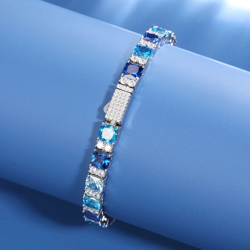 Gradient Blue Square Baguette Tennis Bracelet For Women S925 Silver Jewelry