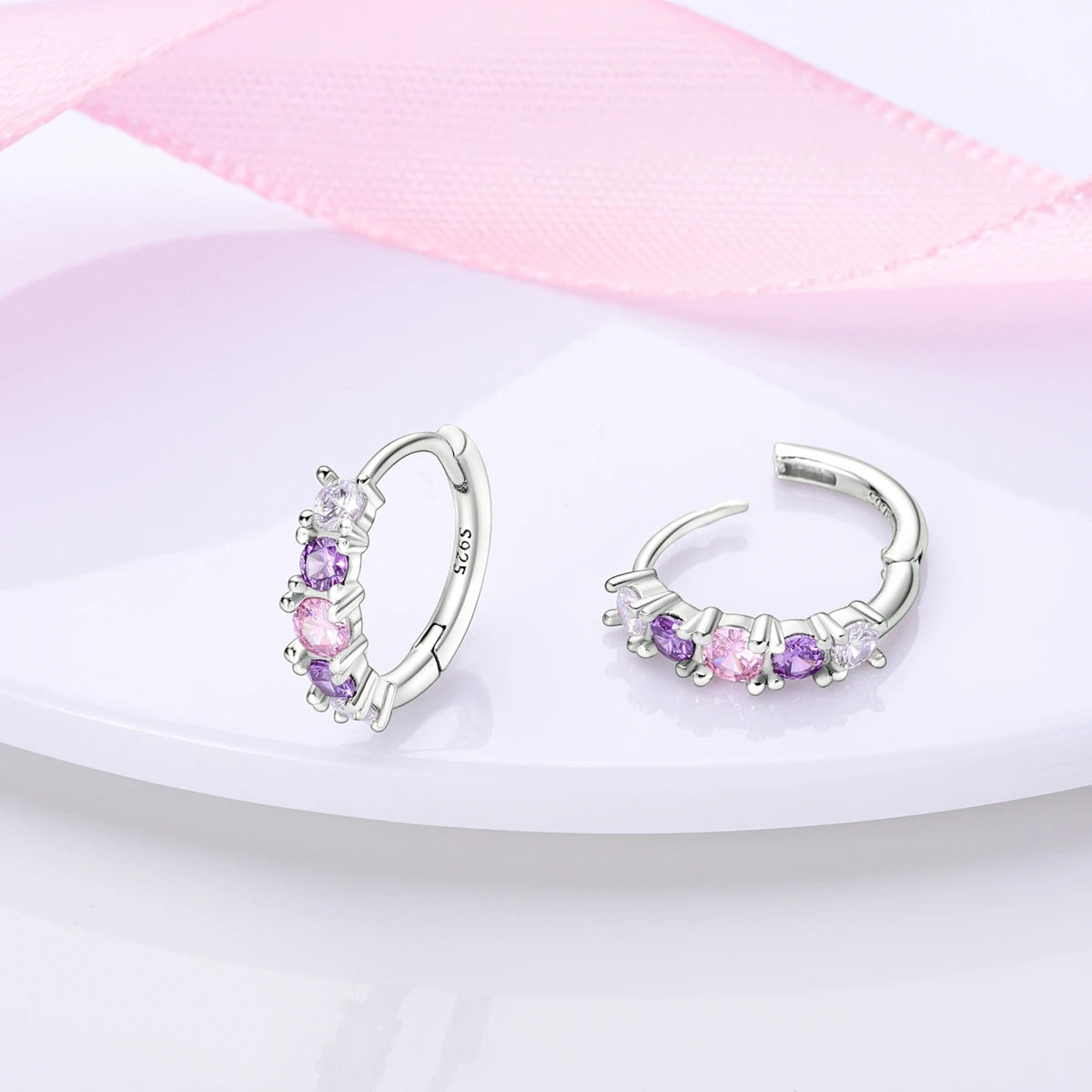 Sterling Silver 925 Pink Purple Zircon Gradient Hoop Earrings  Original Pandora  Fine Women Jewelry