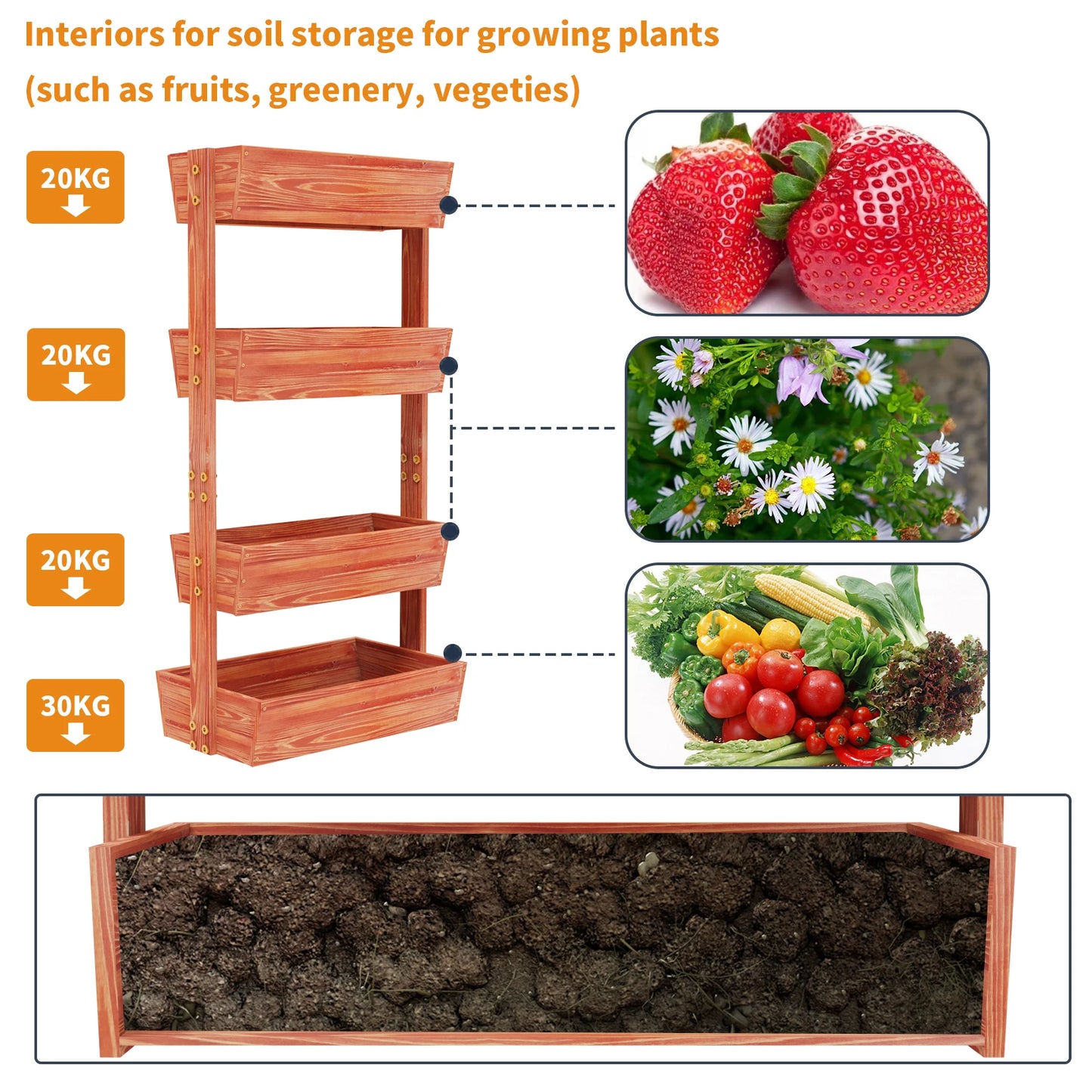 4-Tier Raised Garden Bed, Vertical Flower Pots Rack with Detachable Ladder and Adjustable Shelf, Wooden