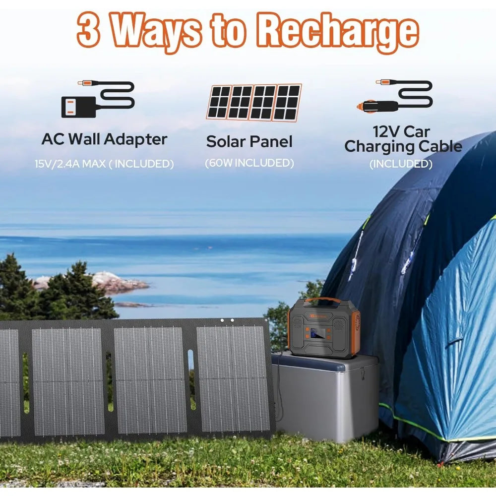 Portable Solar Generator, 300W Portable Power Station with Foldable 60W Solar Panel, for Home Use RV Outdoor Camping