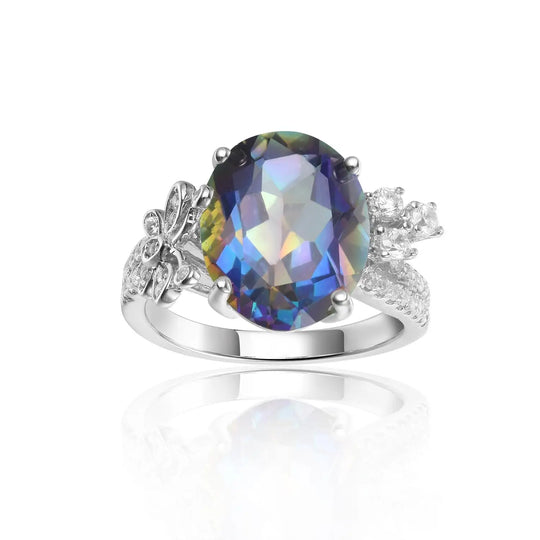 4.36Ct 10x12mm Oval Rainbow Mystic Topaz Gemstone Rings in Sterling Silver Gift For Her