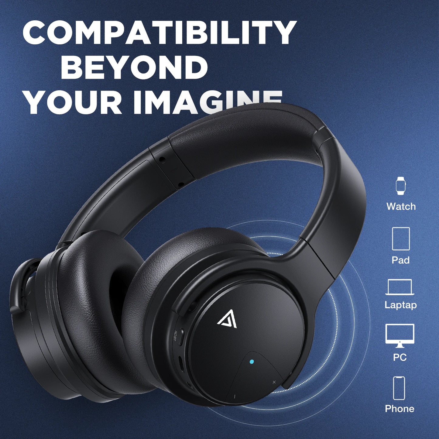 Active Noise Cancelling, Wireless Over Ear Bluetooth Headphones, 20H Playtime, Rich Deep Bass, Comfortable Ear Cups